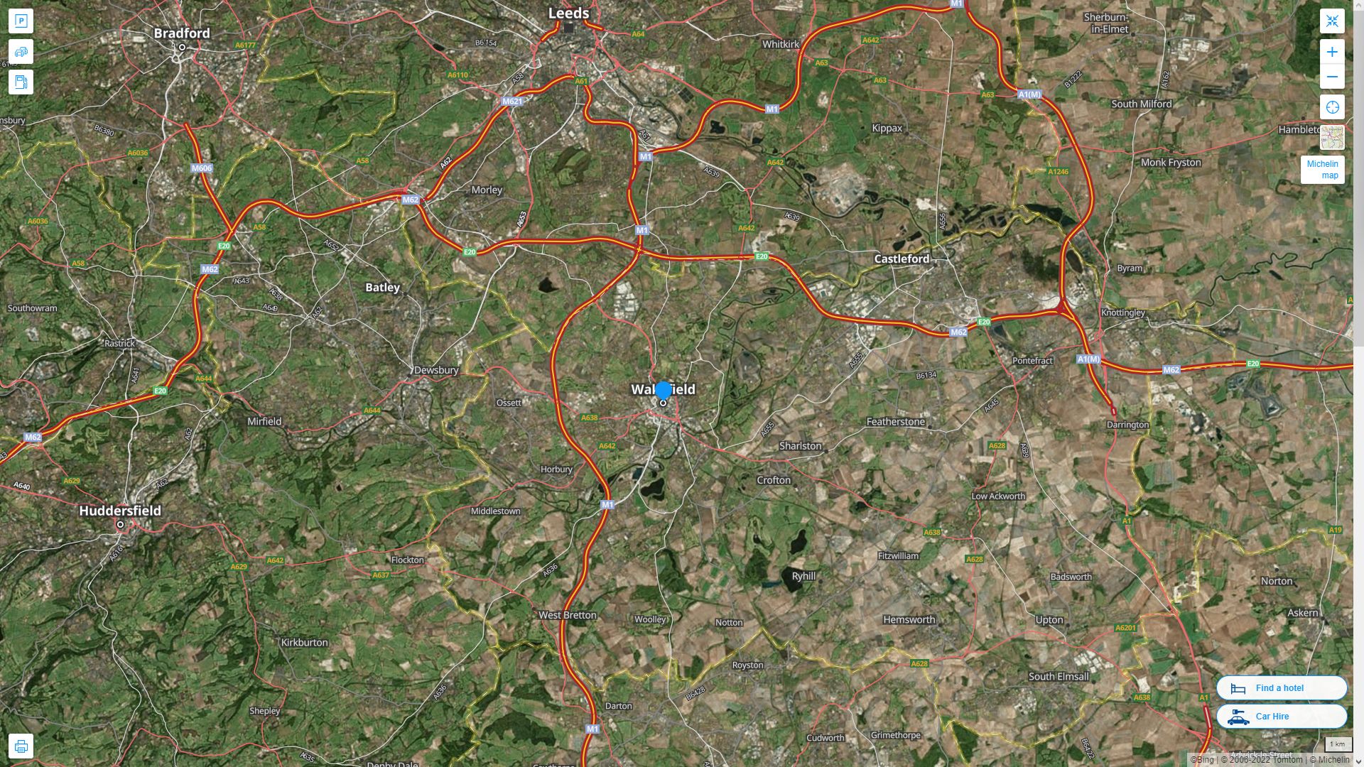 Wakefield Royaume Uni Autoroute et carte routiere avec vue satellite